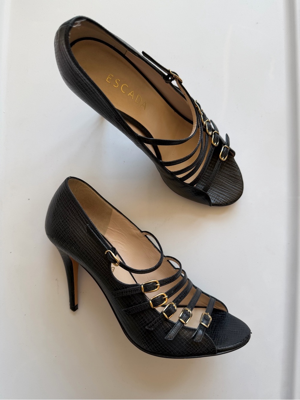 Escada Black Buckle Strappy Peep Toe High Heels 38 Leather
